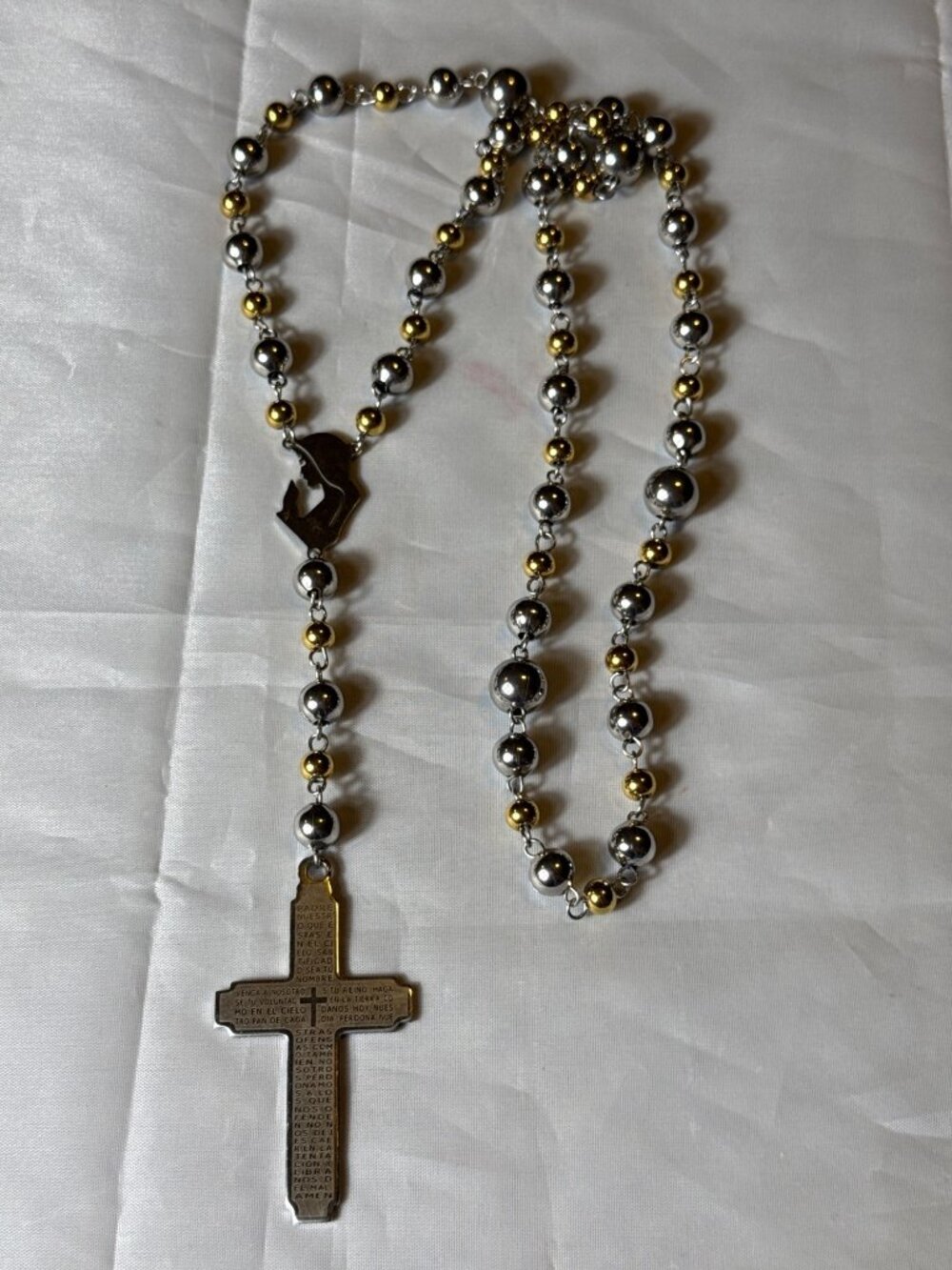 Two Tone Spanish Padre Nuestro Rosary Necklace Metal Prayer Beads Cross
